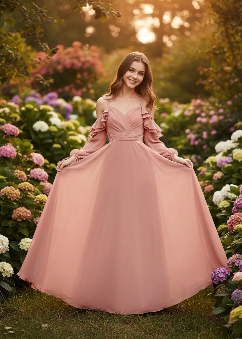 Elegant Ruffle Sleeve Chiffon Junior Bridesmaid Dress