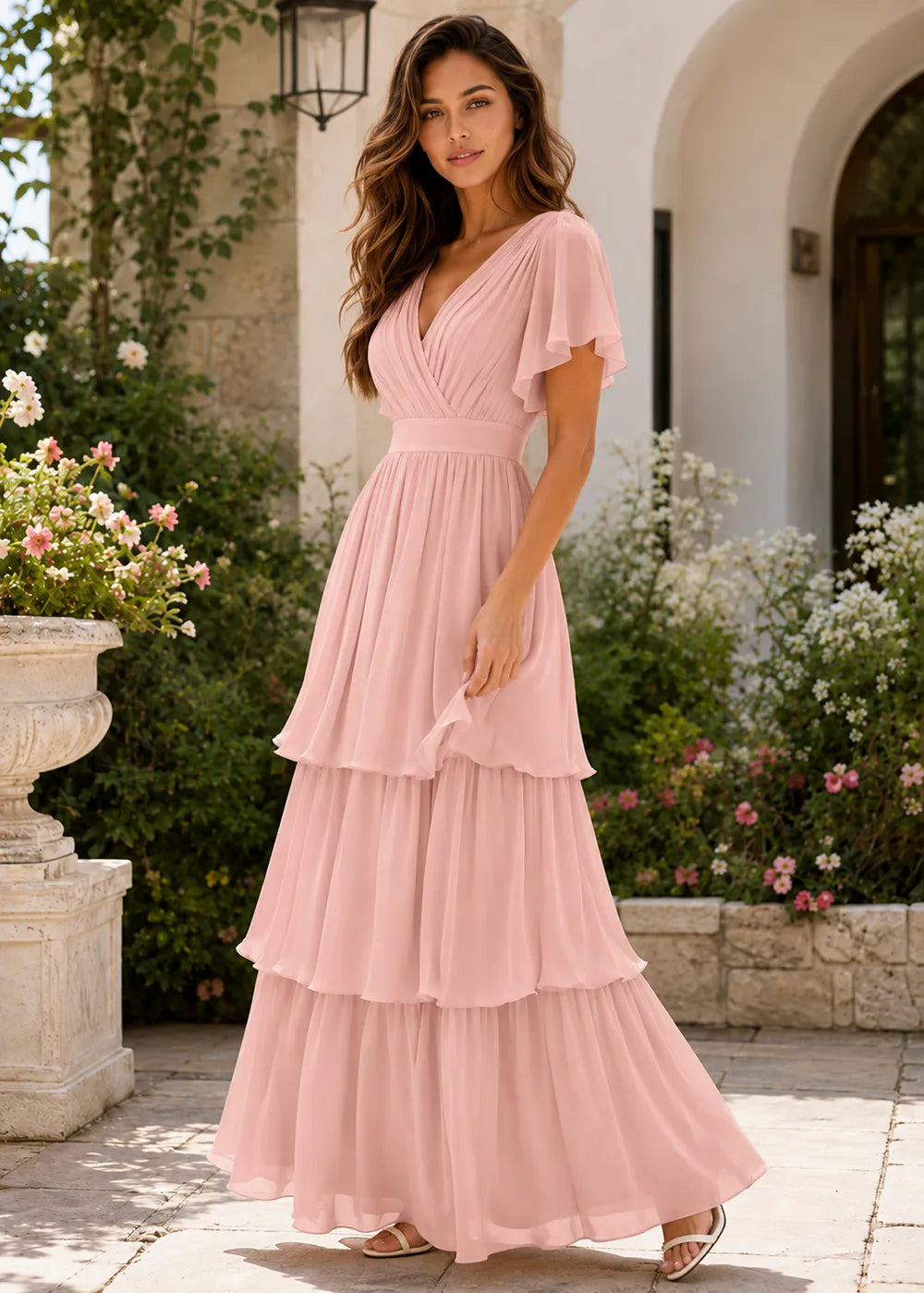 Aura Lace-Up Back Chiffon Wedding Guest Dress