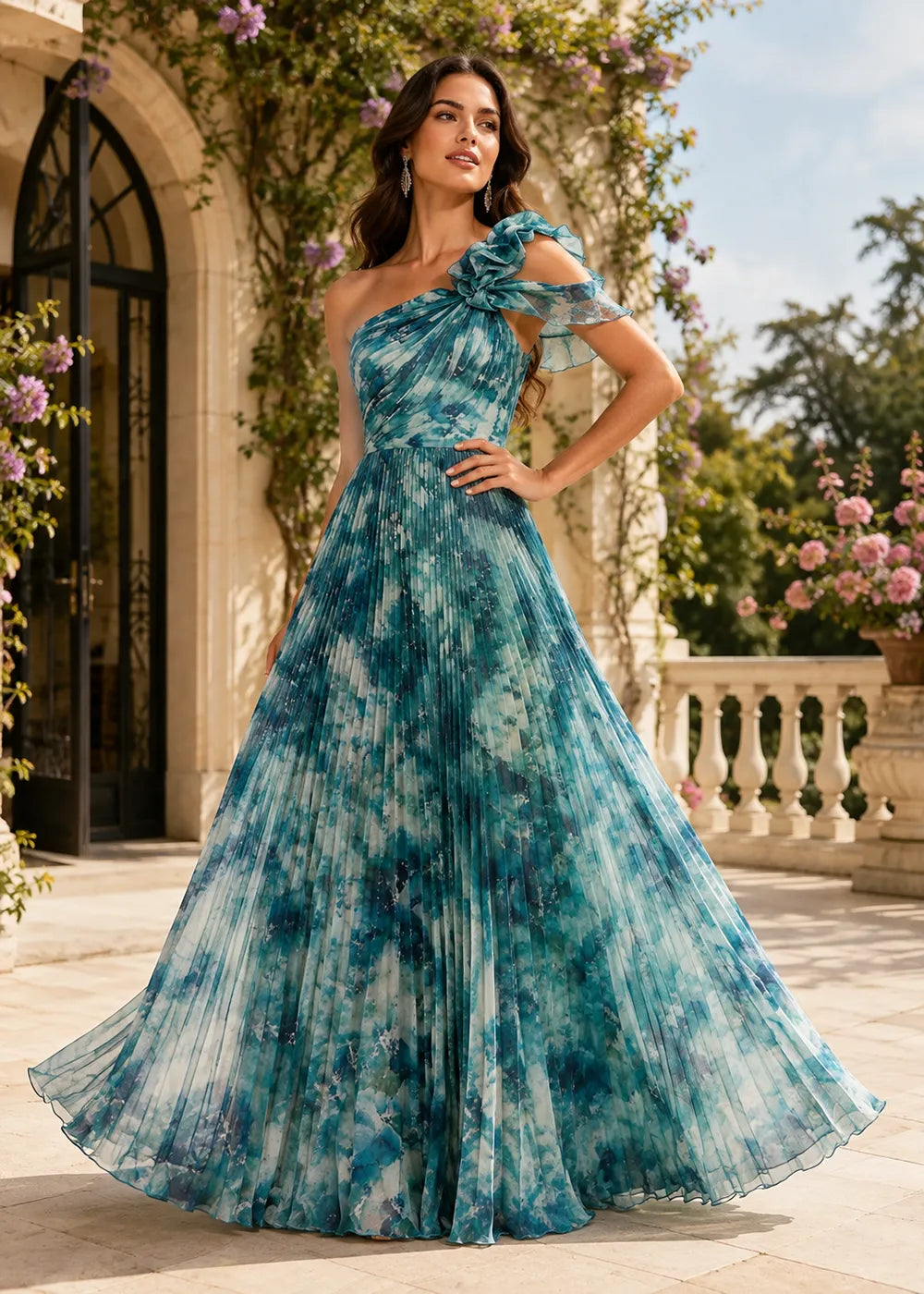 Graceful Asymmetric Shoulder Chiffon Evening Dress