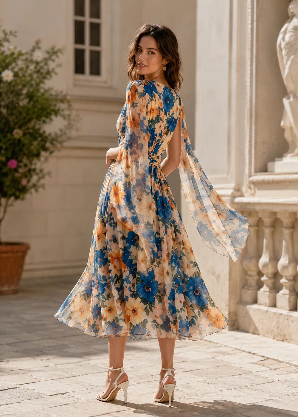 Floral Chiffon Midi Wedding Guest Dress