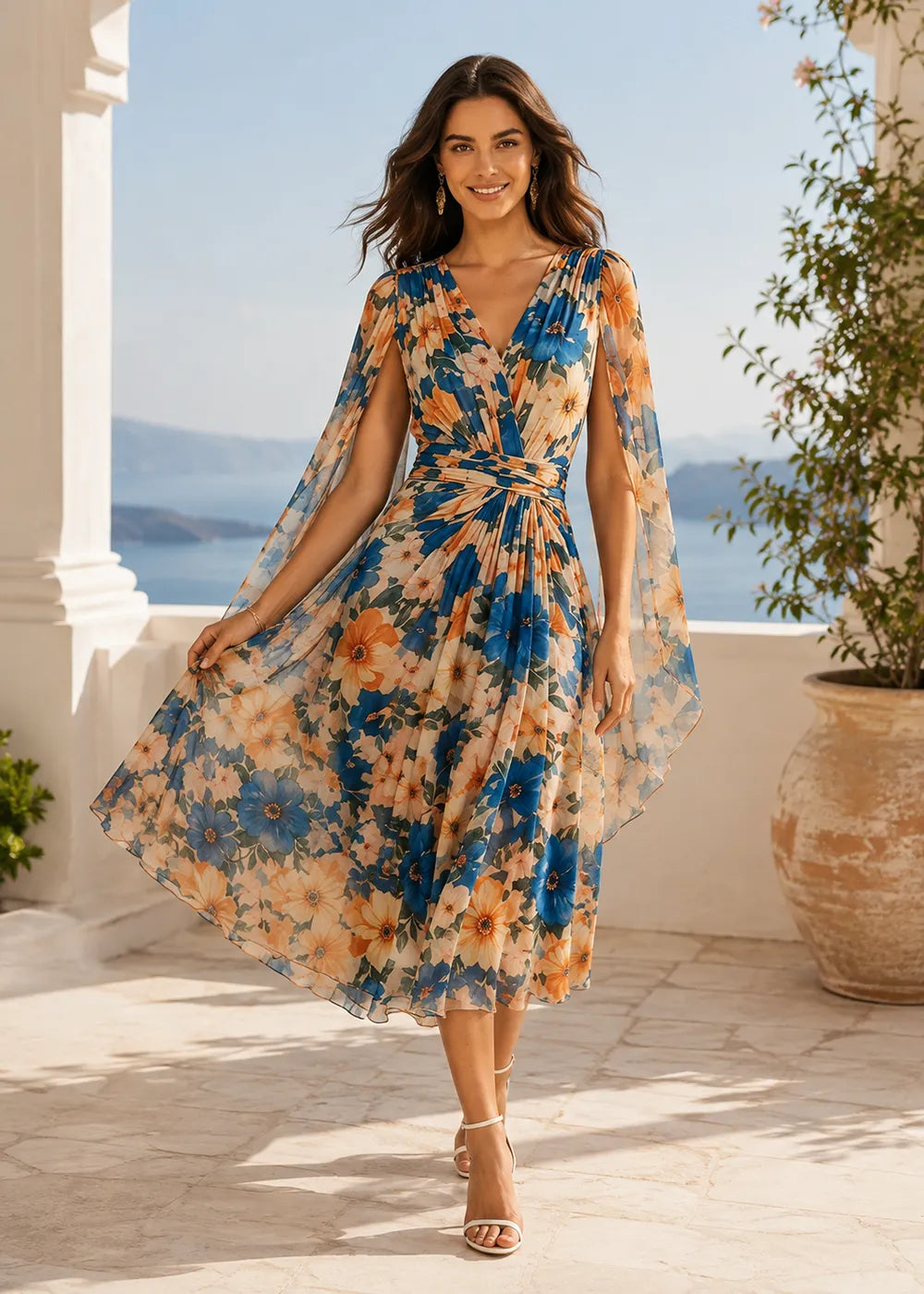 Floral Chiffon Midi Wedding Guest Dress