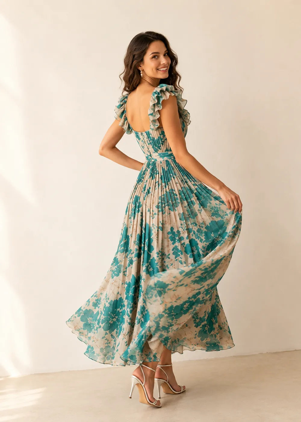 Blooming Garden Pleated Chiffon Maxi Dress