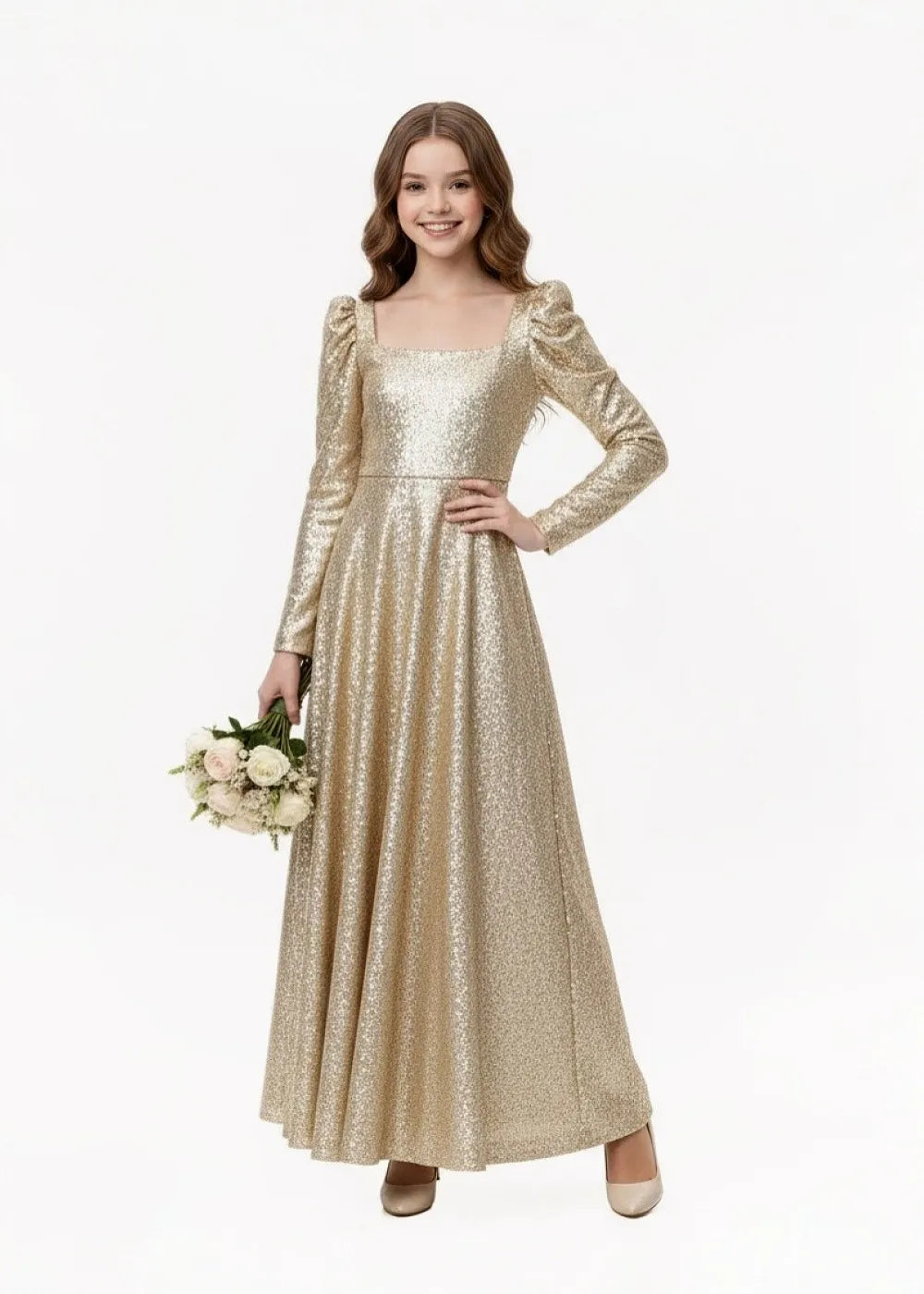 Gold Flower Girl Dress for Girls Sequin Long Sleeve Princess Gown | Fynony Gold Flower Girl Dress for Girls Sequin Long Sleeve Princess Gown | Fynony