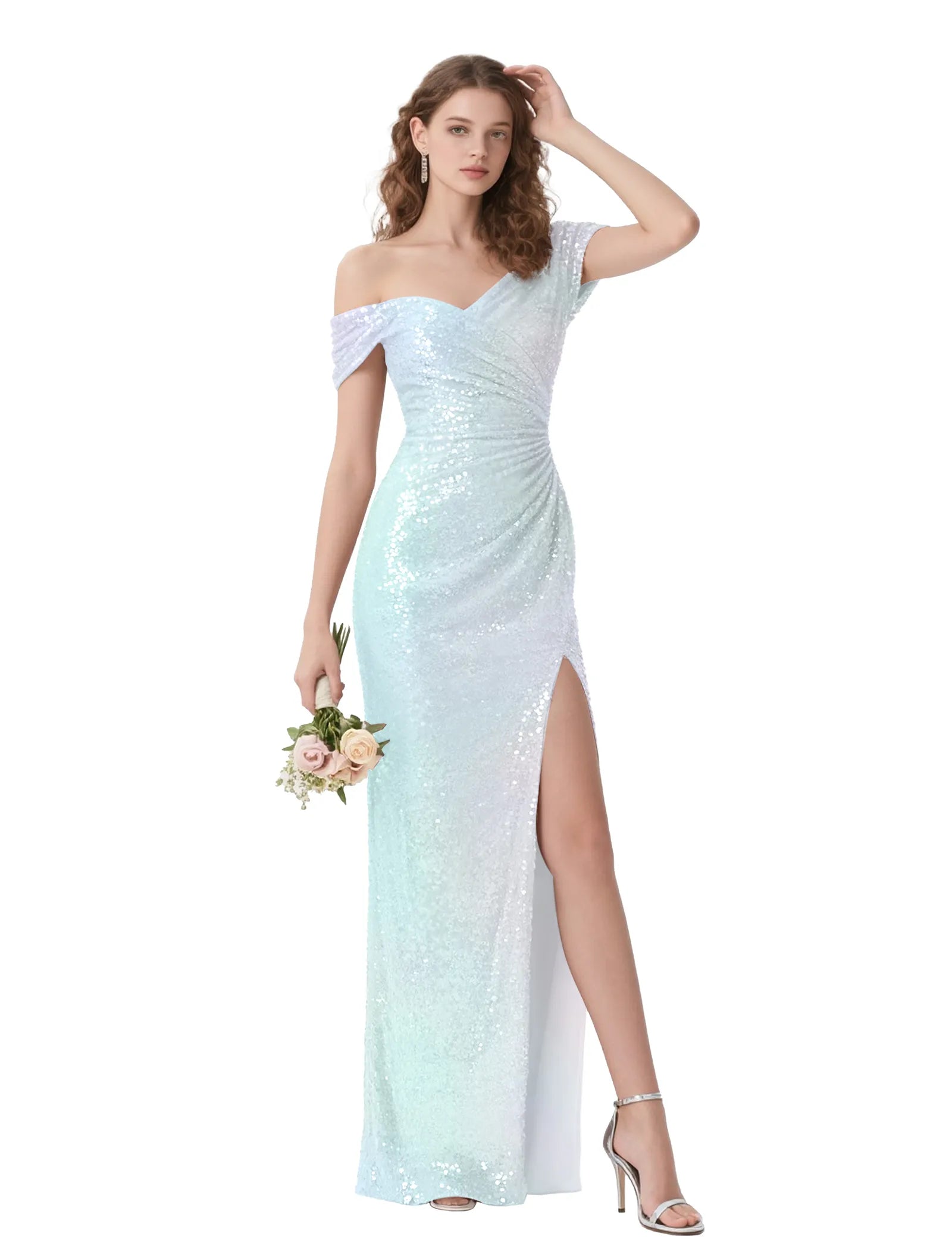 Glimmer Off-Shoulder Sequined Evening Gown