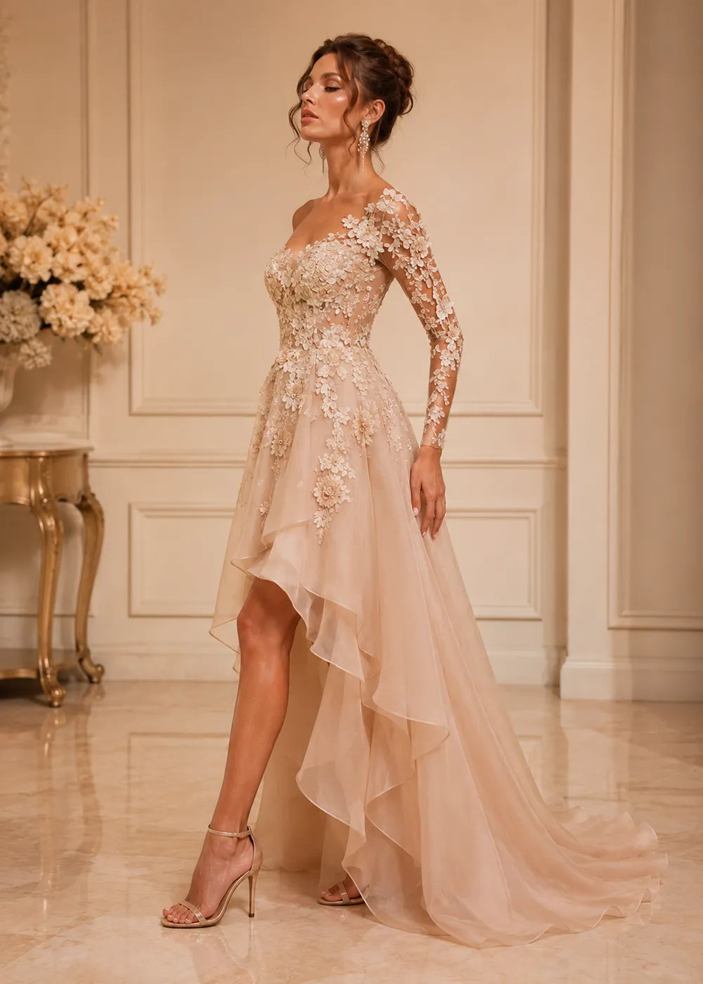 Asymmetrical Floral Appliqué High-Low Formal Gown
