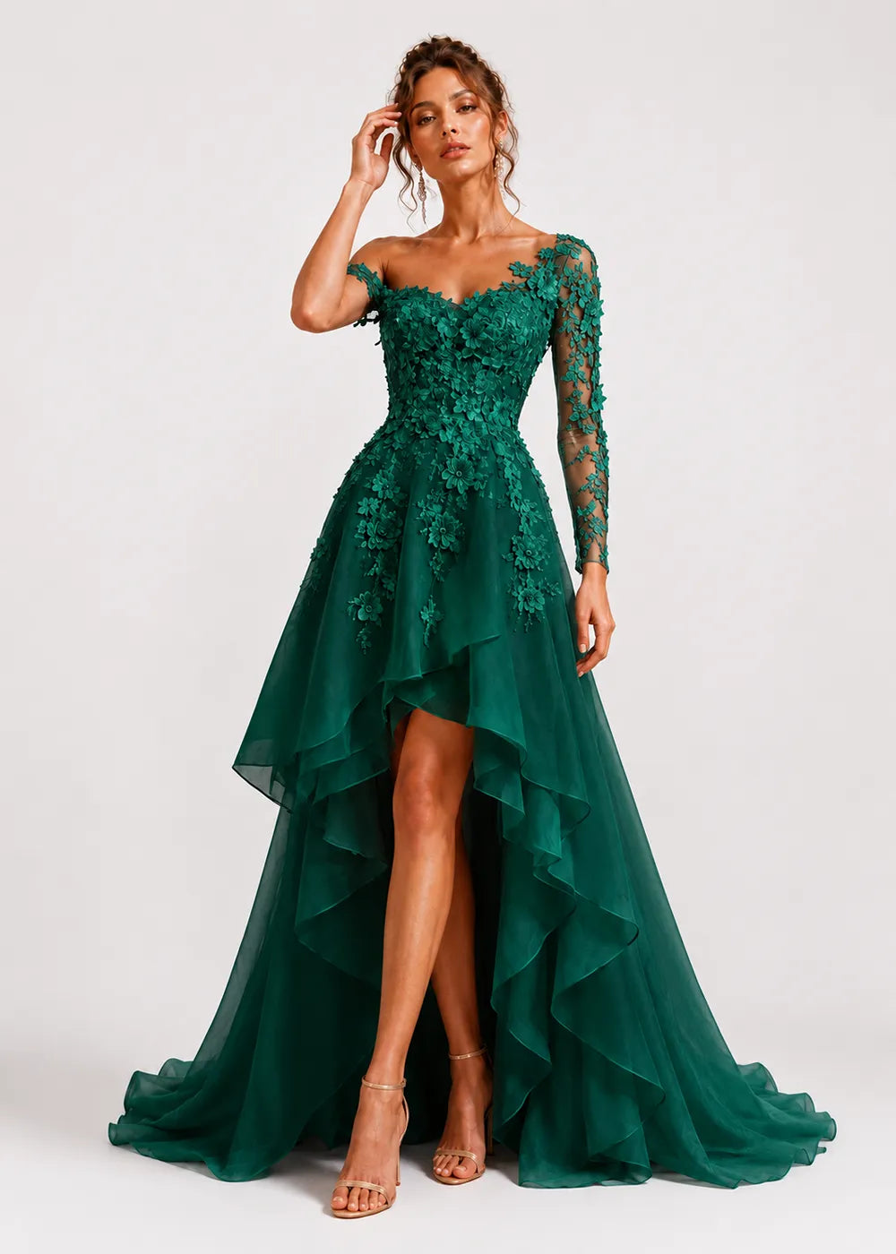 Asymmetrical Floral Appliqué High-Low Formal Gown