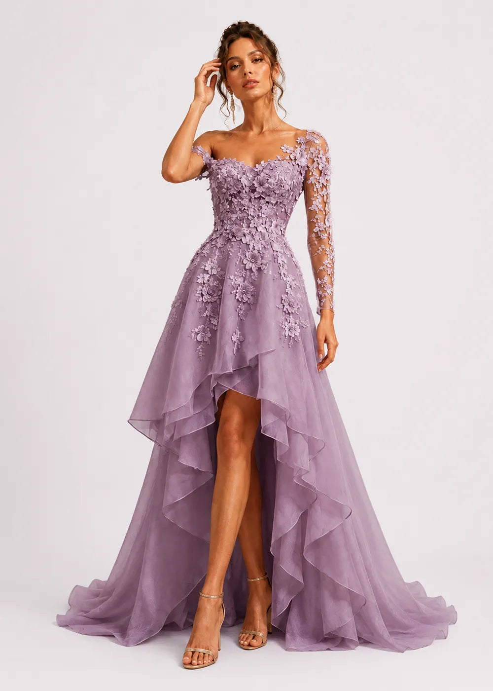 Asymmetrical Floral Appliqué High-Low Formal Gown