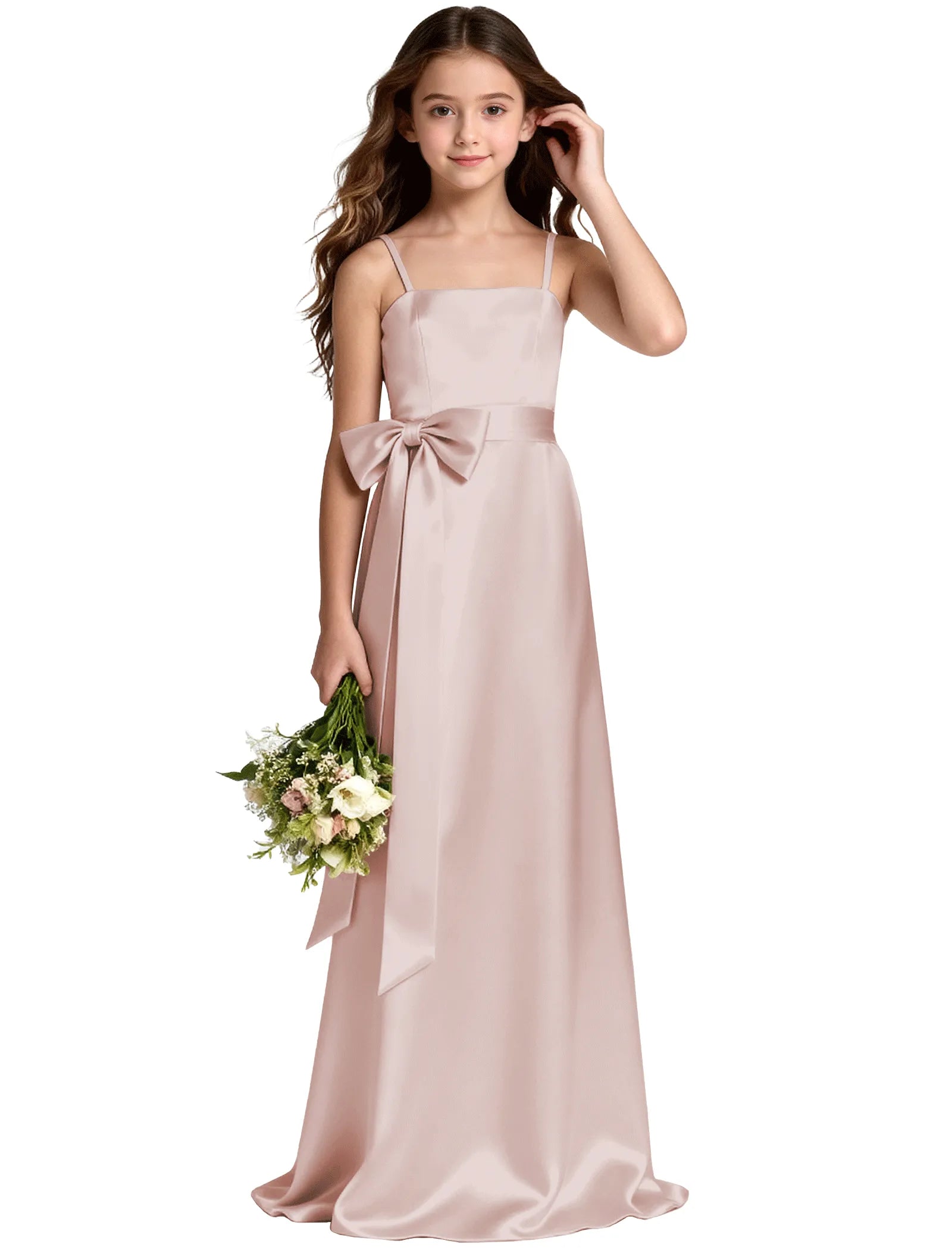 Girls Satin Spaghetti Strap Flower Girl Dress