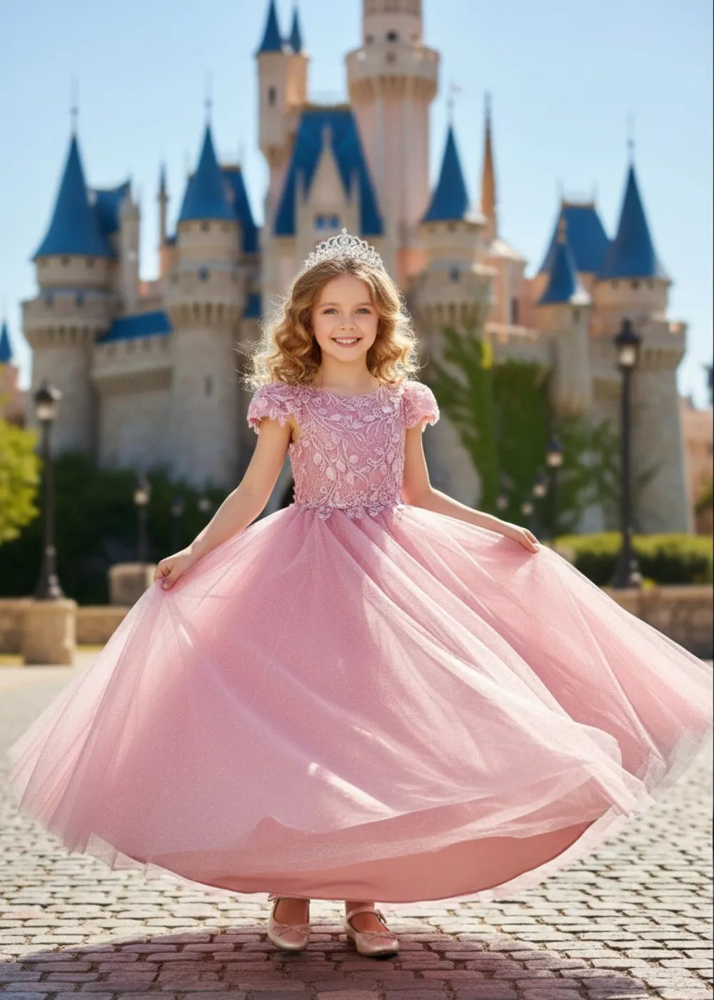 Pink Princess Flower Girl Dress with Lace Bodice
