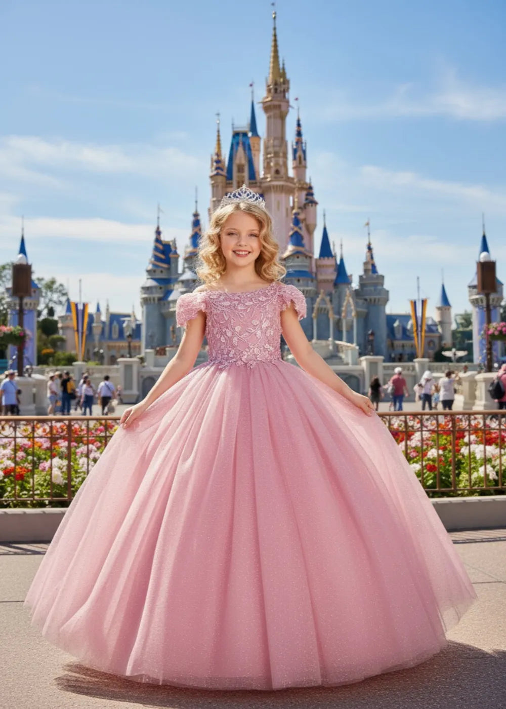 Pink Princess Flower Girl Dress with Lace Bodice