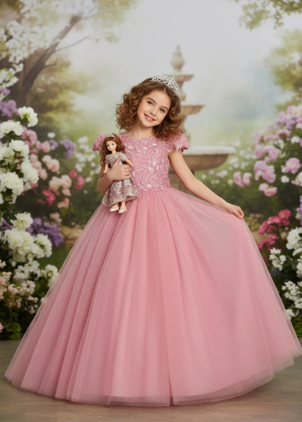 Pink Princess Flower Girl Dress with Lace Bodice
