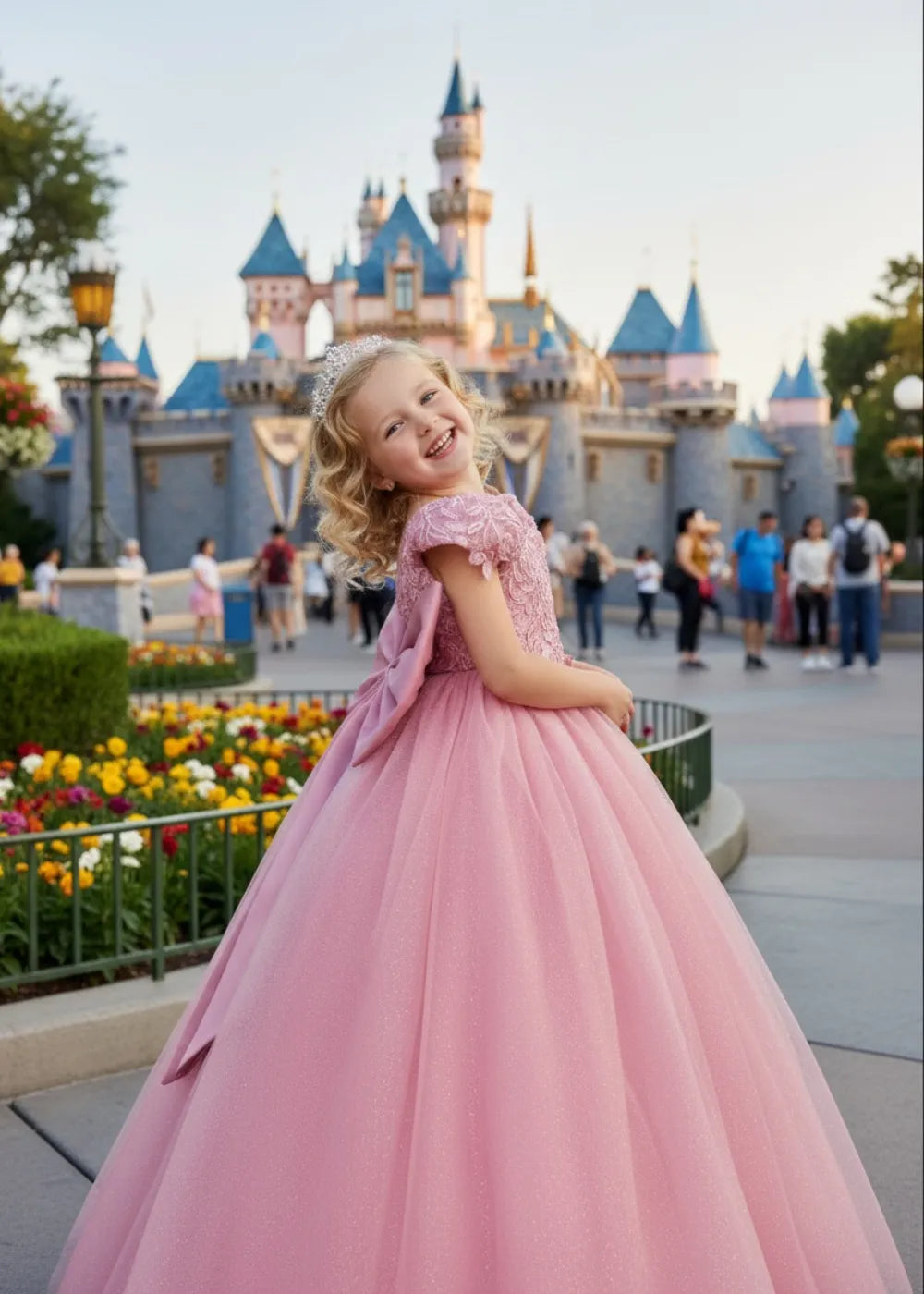 Pink Princess Flower Girl Dress with Lace Bodice