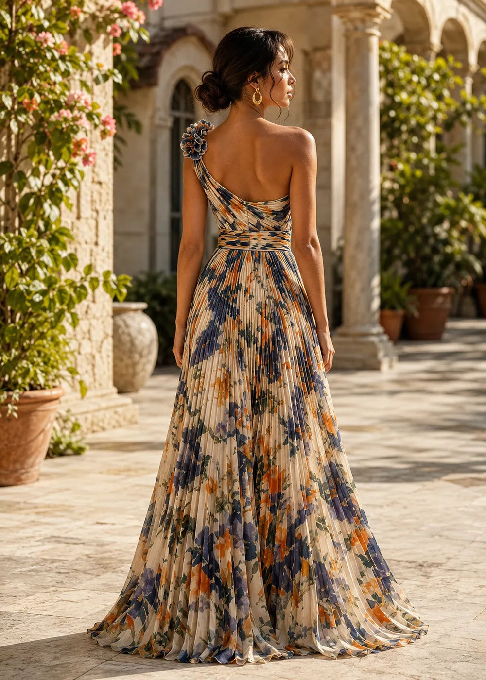 Floral Pleated One Shoulder Maxi Dress