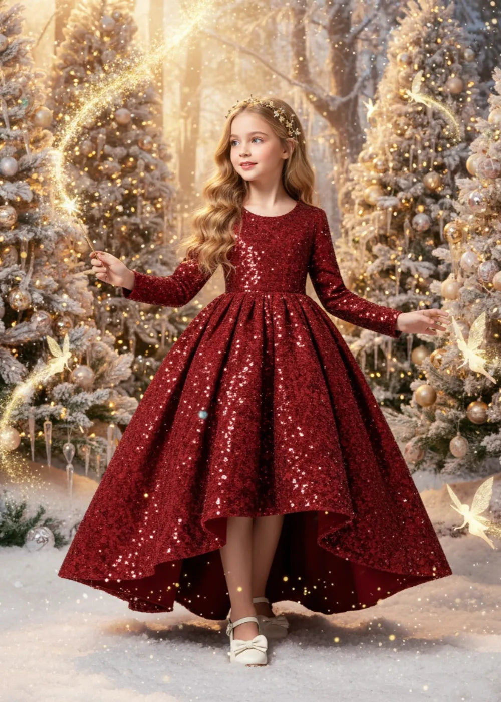Red Christmas Princess Dress for Girls Sequin High Low Holiday Formal Gown | Fynony Red Christmas Princess Dress for Girls Sequin High Low Holiday Formal Gown | Fynony