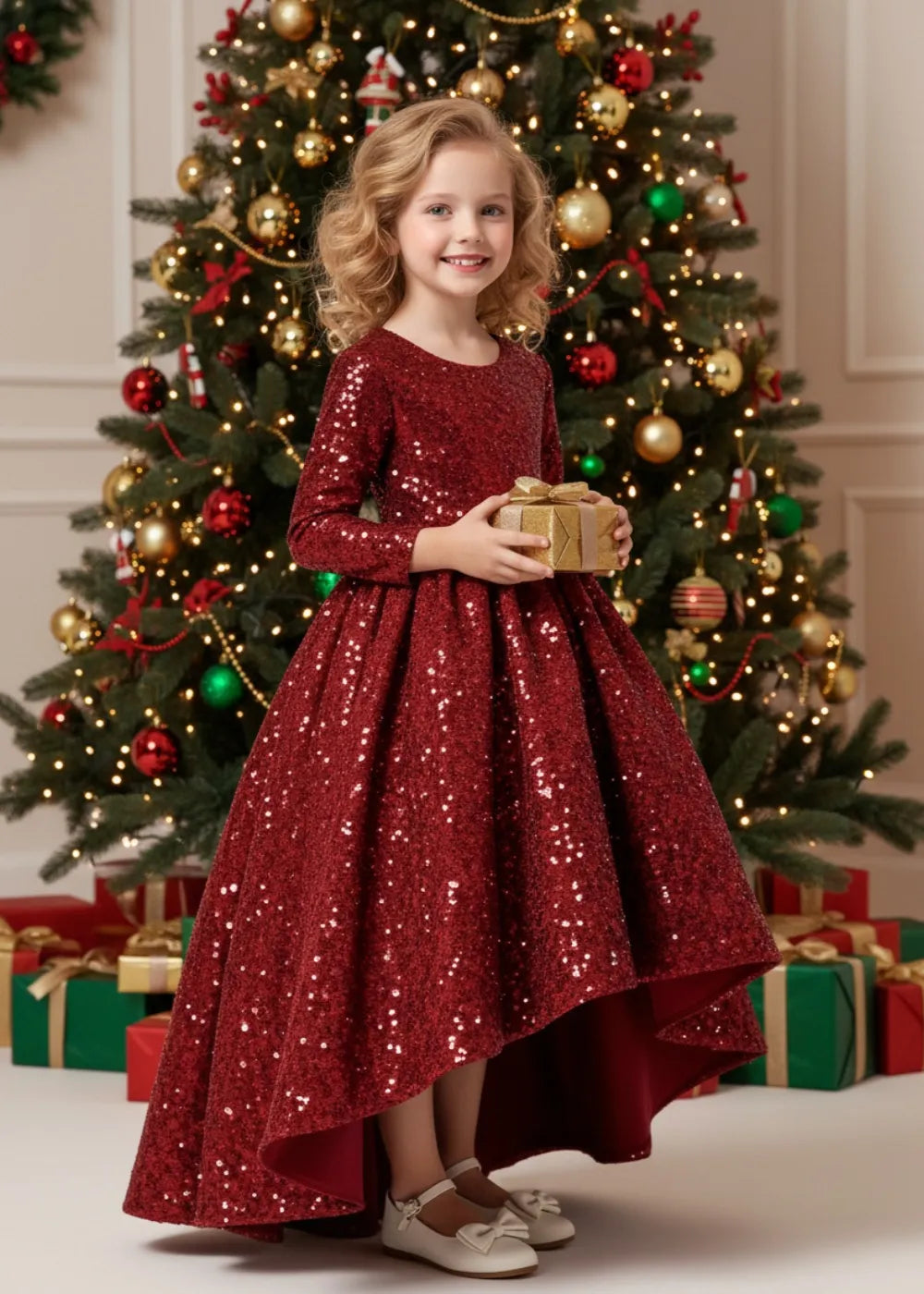 Girls Red Christmas Dress with Sequins