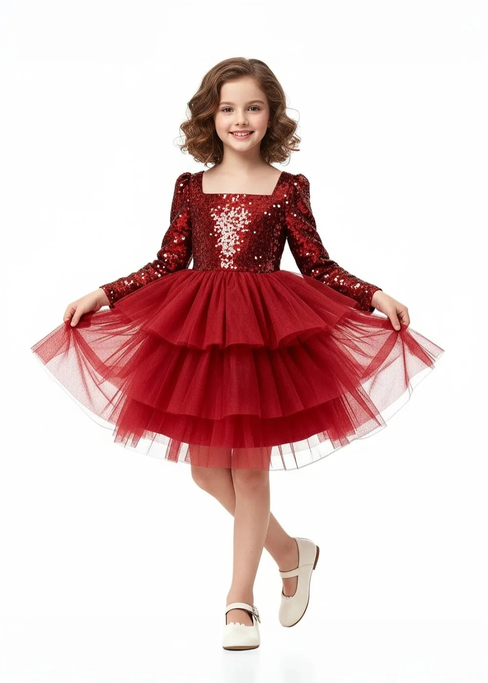 Red Sequin Flower Girl Dress – Tulle Layered Girls Christmas Dress