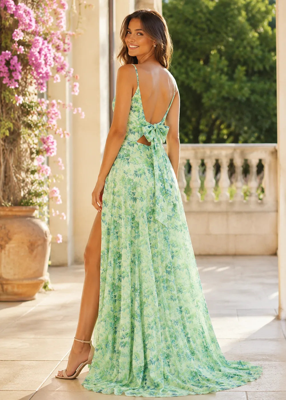 Floral V-Neck Chiffon Maxi Dress with Tie-Back