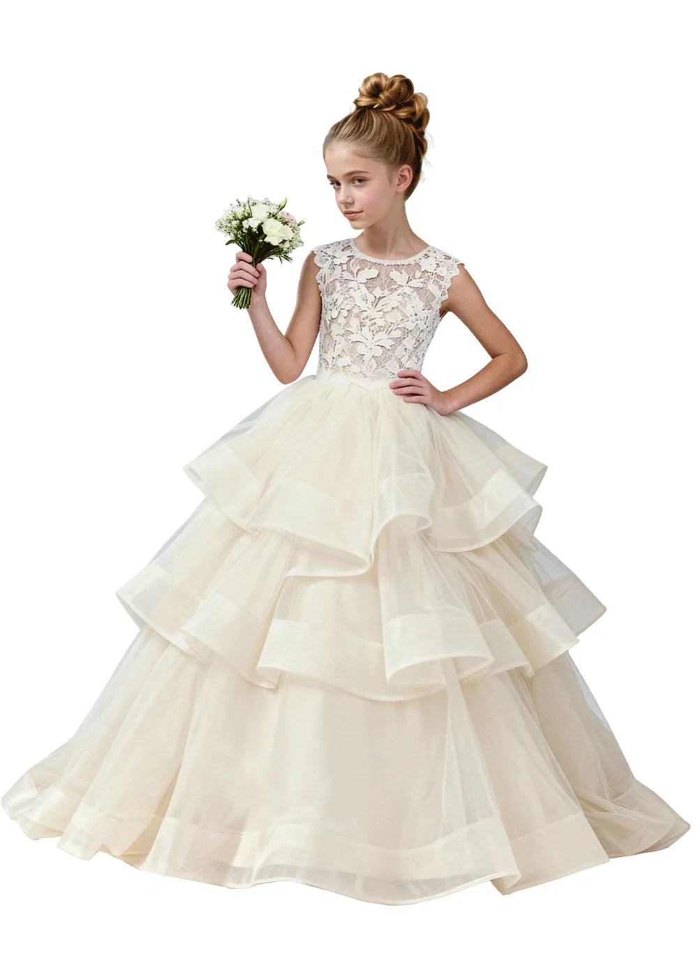 Girls Lace Bodice Tiered Tulle Ball Gown