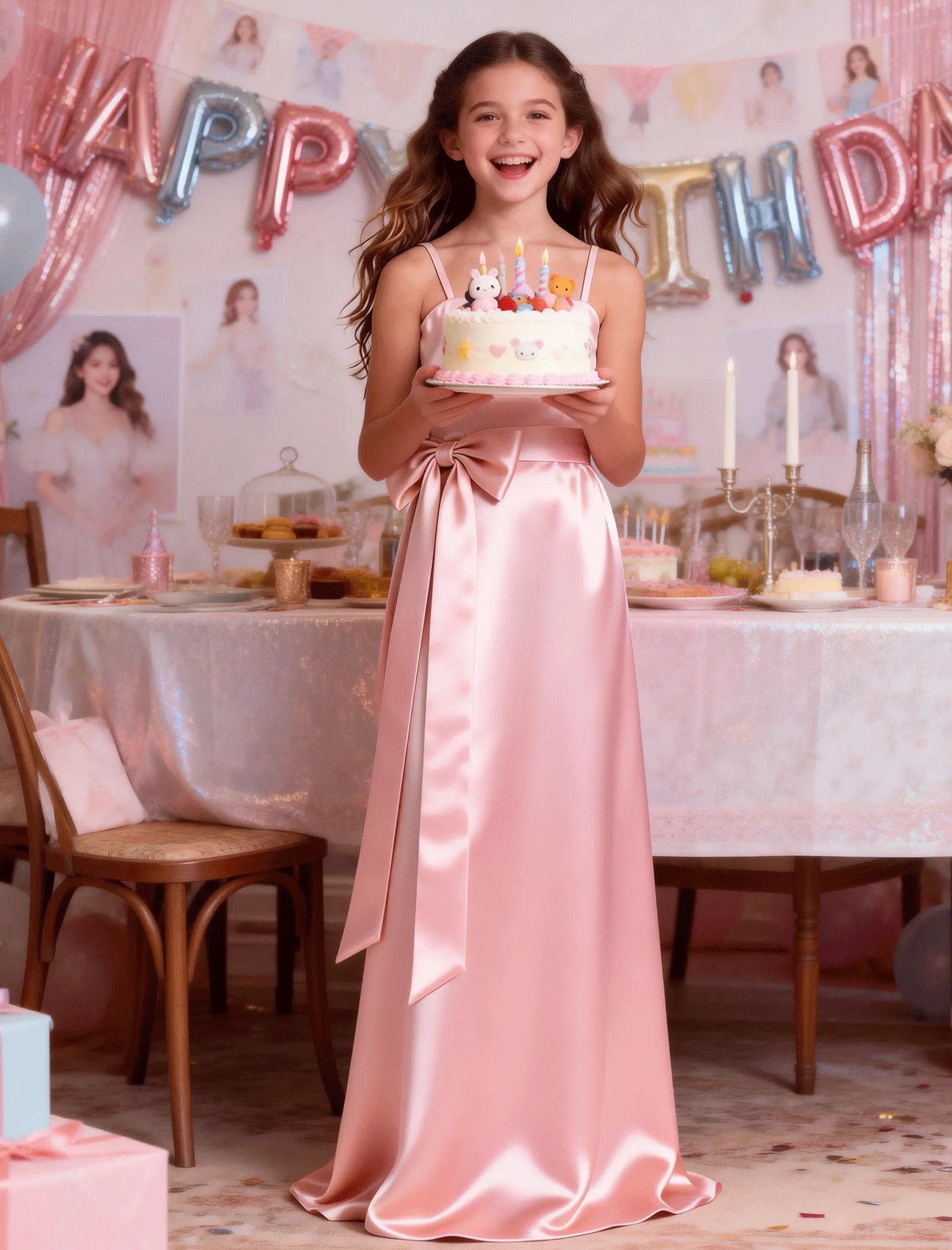 Girls Satin Spaghetti Strap Flower Girl Dress