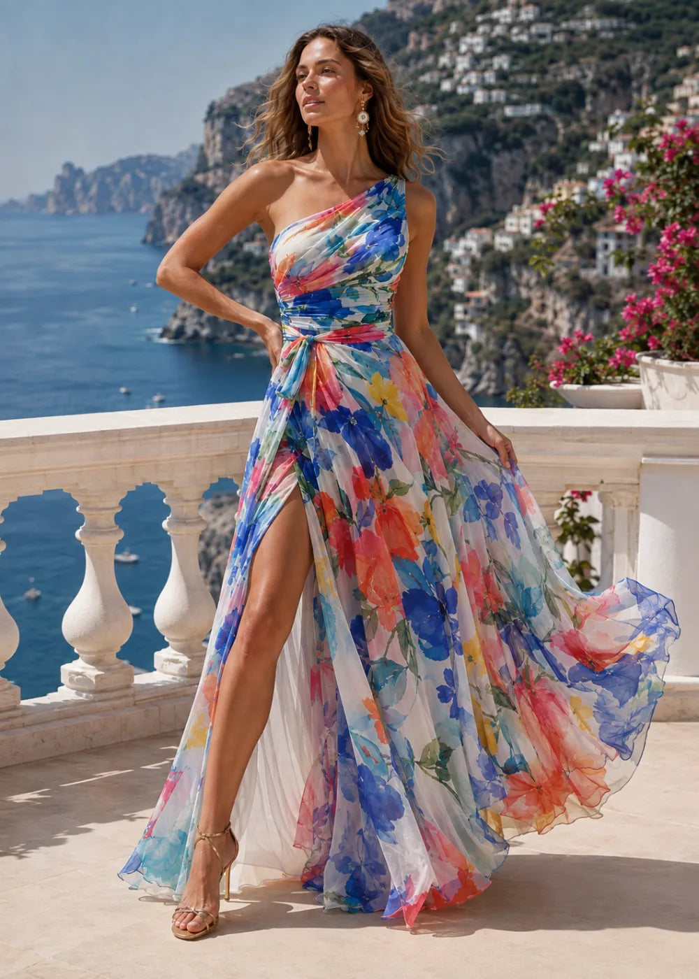 Blue Coral Abstract Floral One-Shoulder Chiffon Maxi Dress