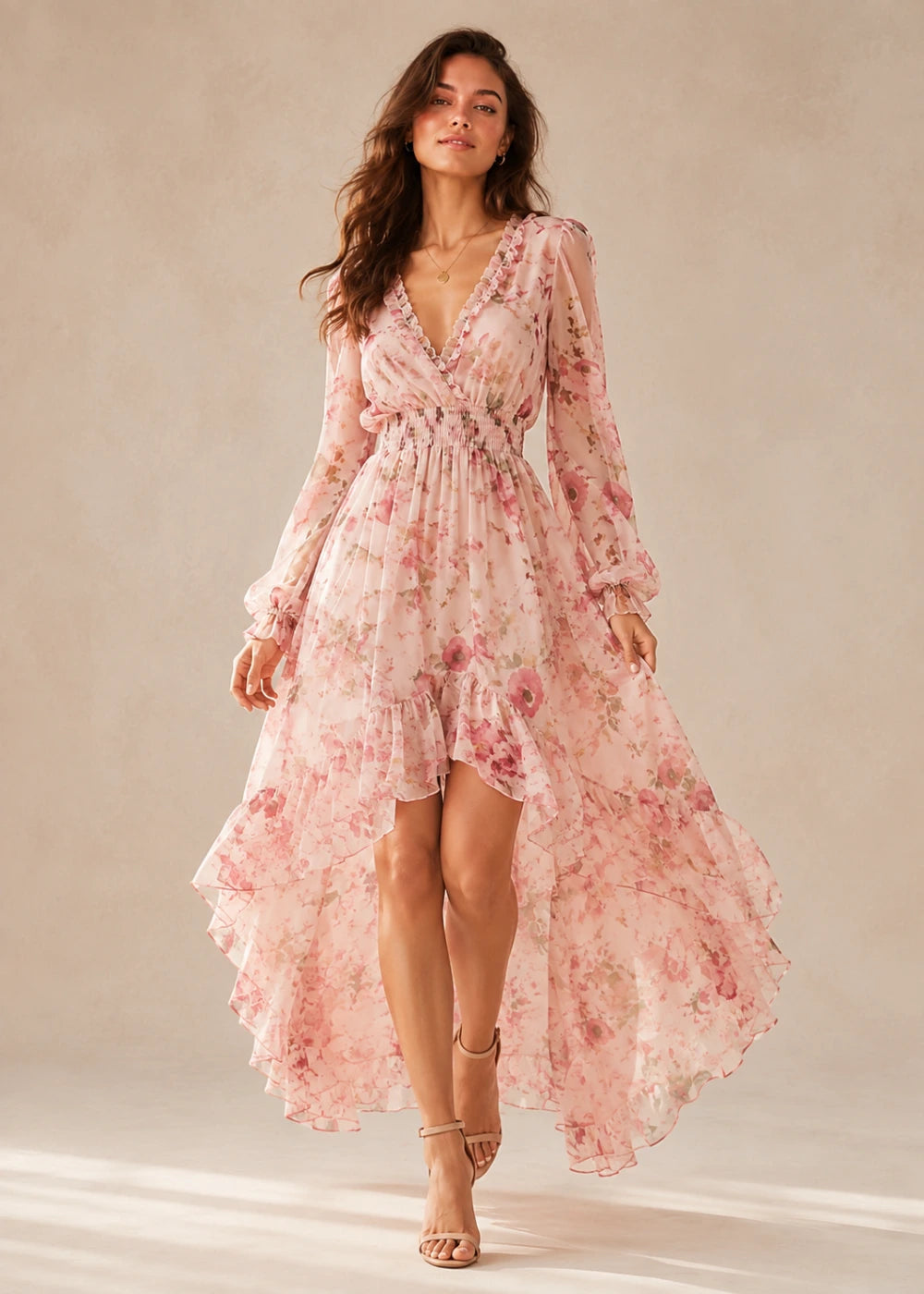 Blush Floral Long-Sleeve High-Low Chiffon Dress