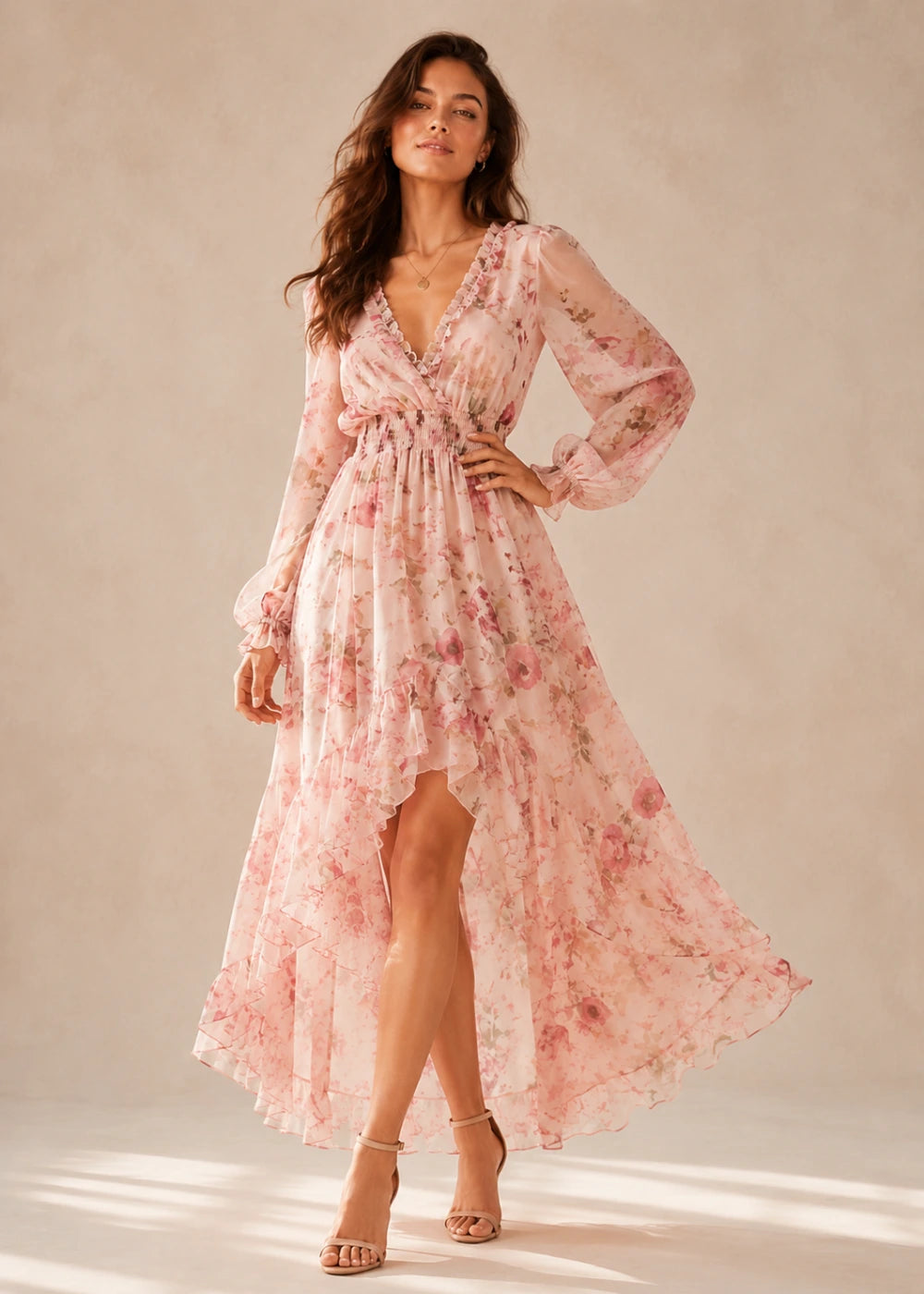 Blush Floral Long-Sleeve High-Low Chiffon Dress