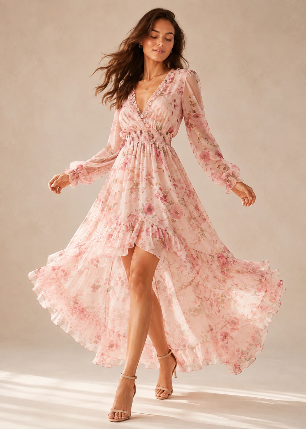Blush Floral Long-Sleeve High-Low Chiffon Dress