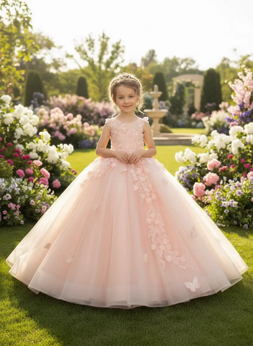 Vestido de niña con mariposas y flores en 3D