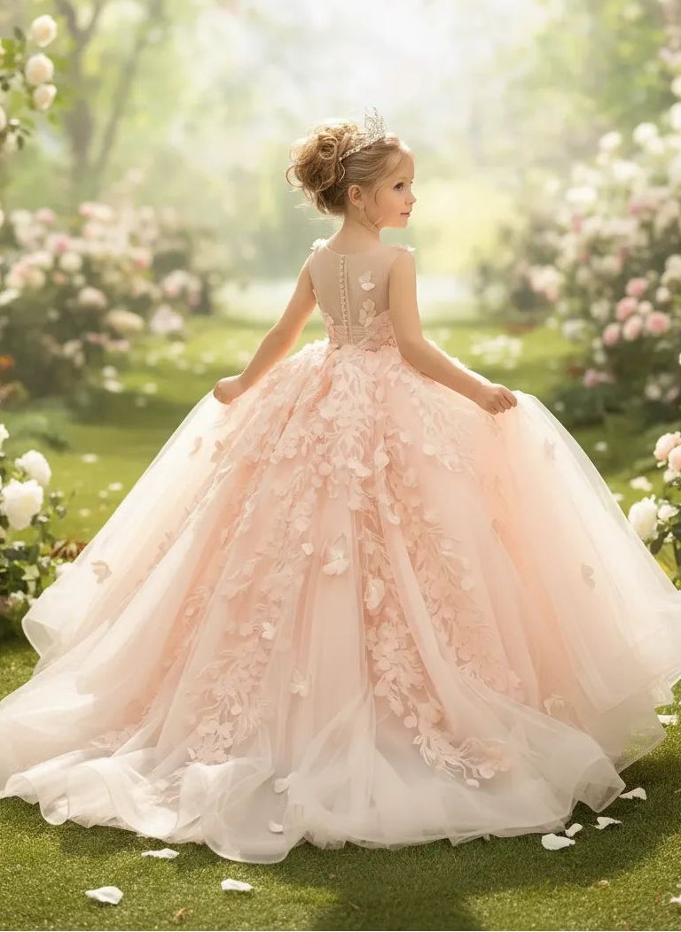Elegant Tulle Flower Girl Dress with 3D Floral & Butterfly Accents