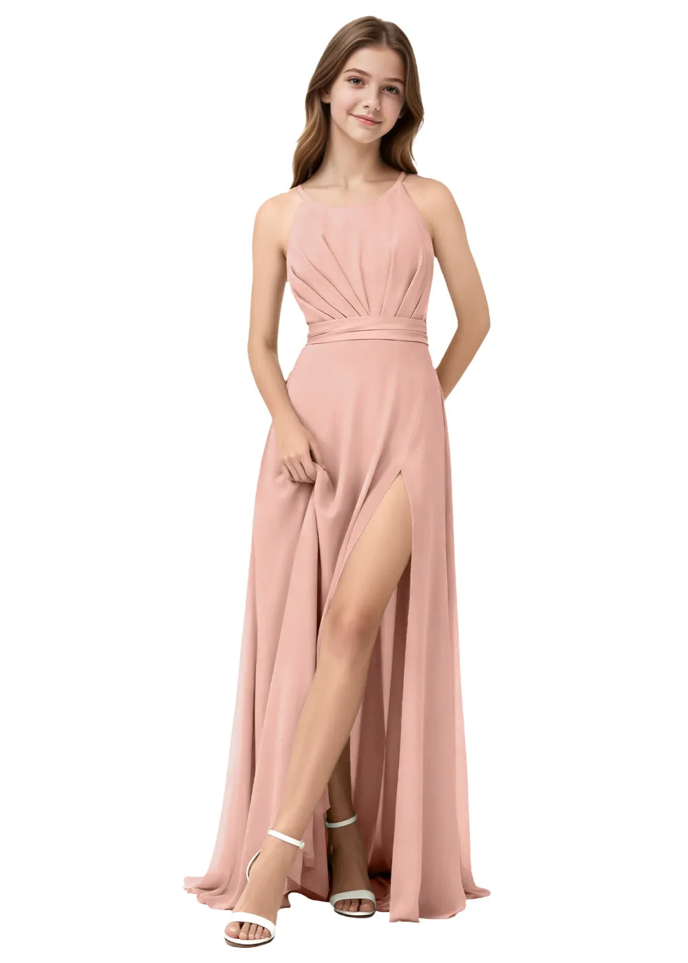 Pleated Halter High-Slit Maxi Gown