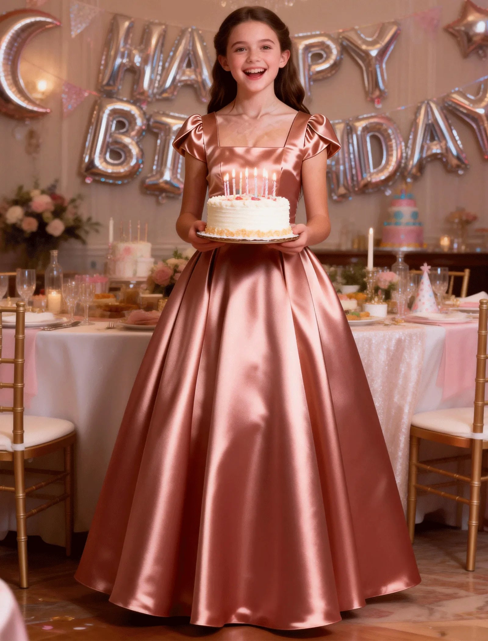 Girls Satin Princess Dress with Puff Sleeves and Bow