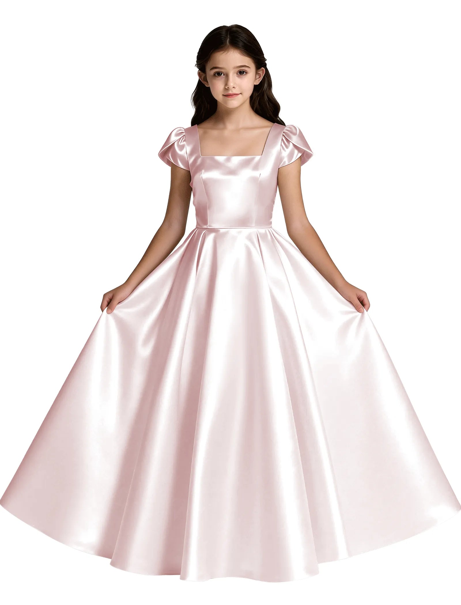 Girls Satin Princess Dress with Puff Sleeves and Bow