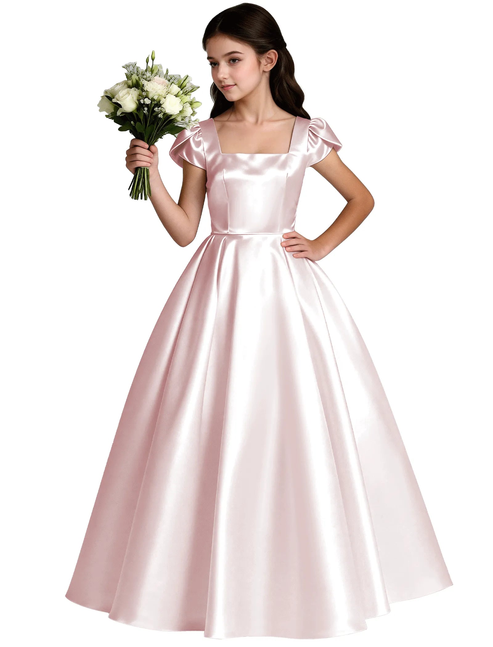 Girls Satin Princess Dress with Puff Sleeves and Bow