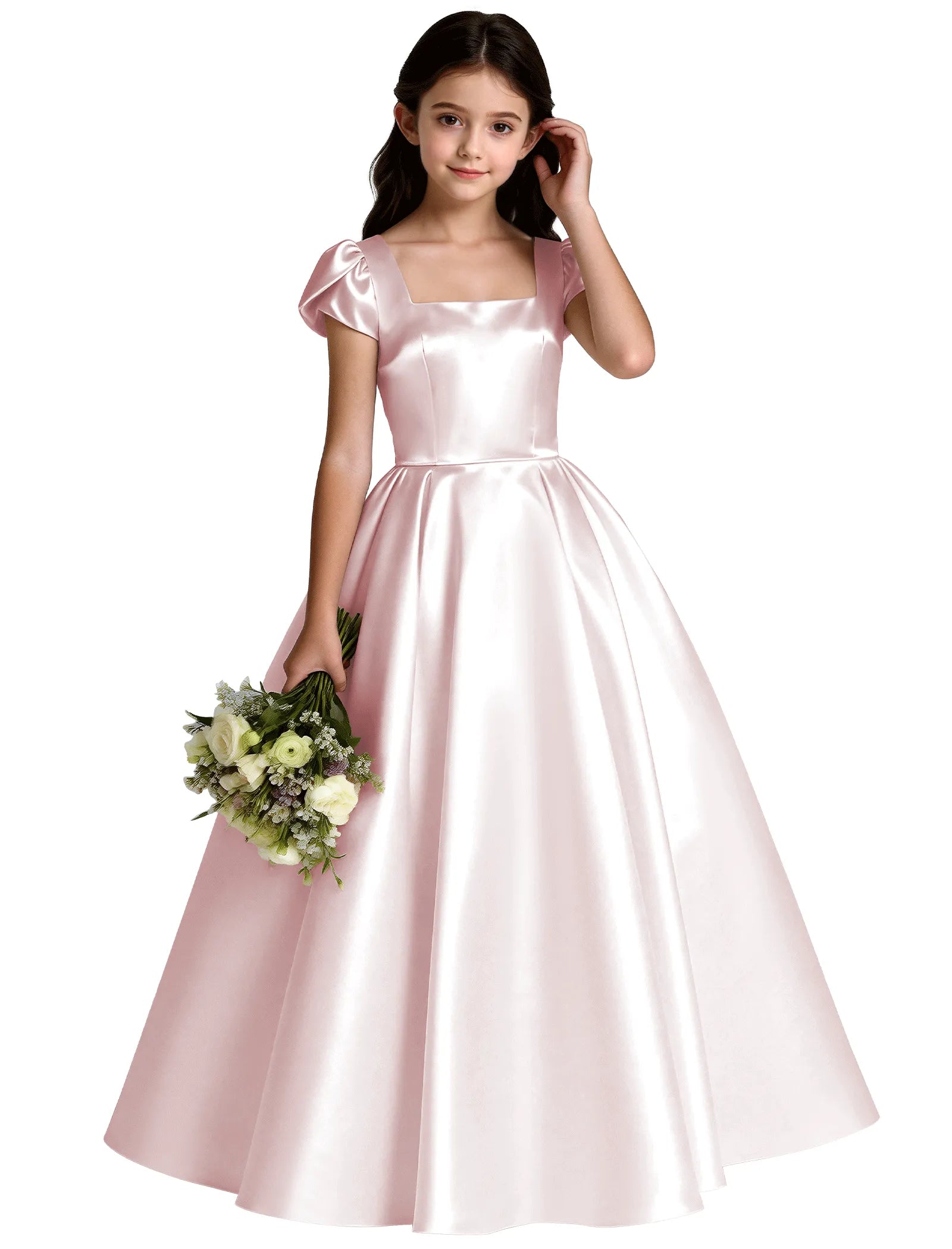 Girls Satin Princess Dress with Puff Sleeves and Bow