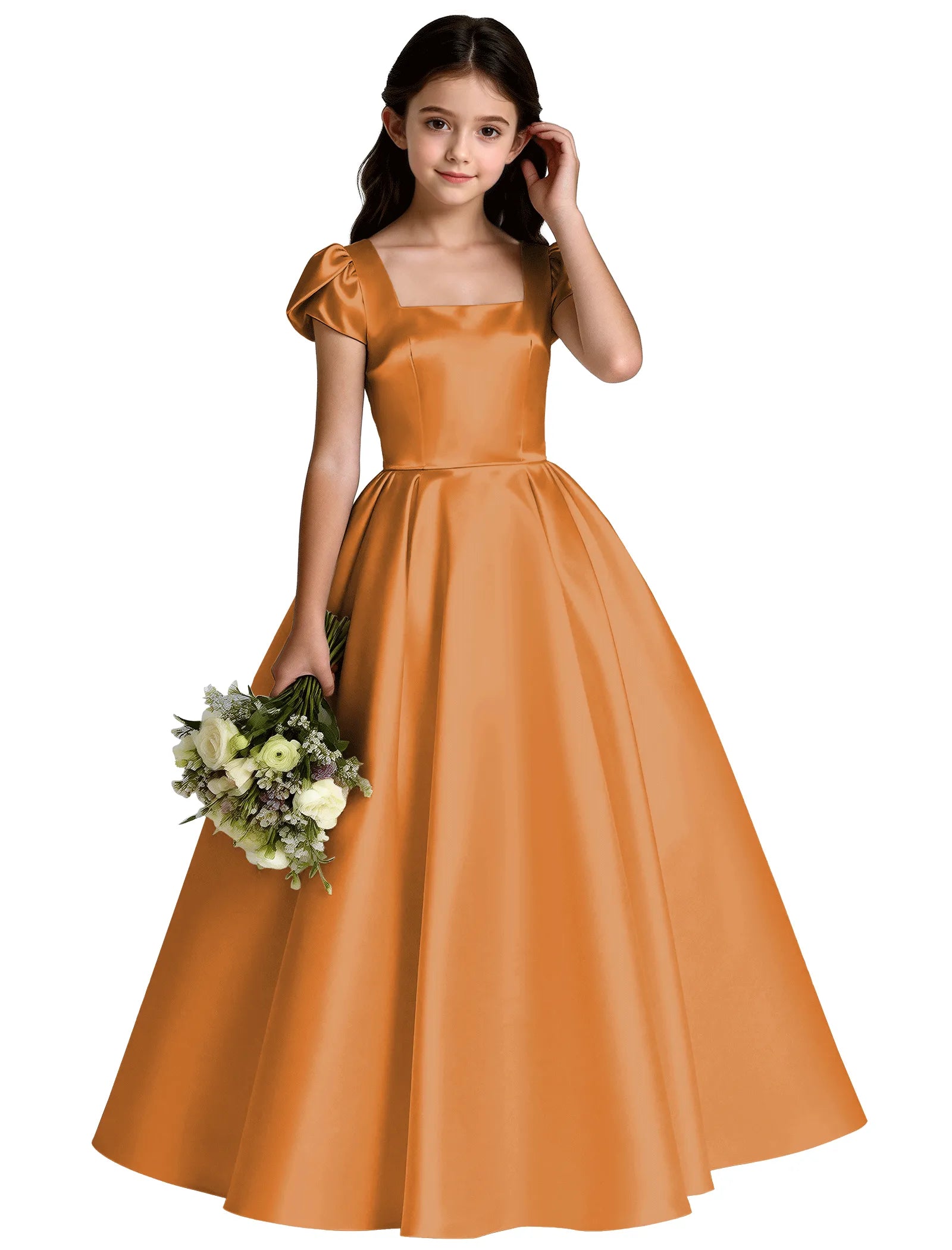 Girls Satin Princess Dress with Puff Sleeves and Bow