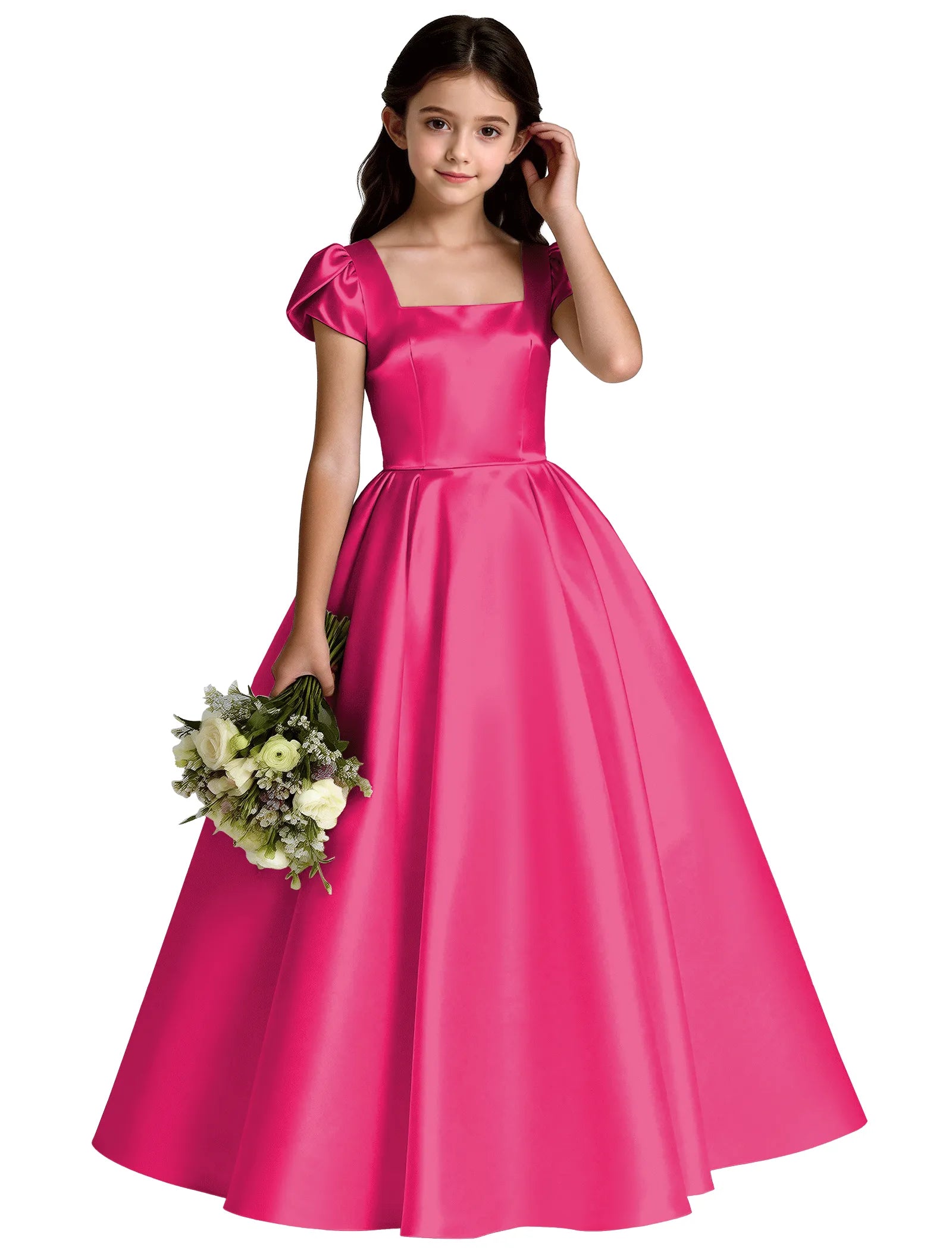 Girls Satin Princess Dress with Puff Sleeves and Bow