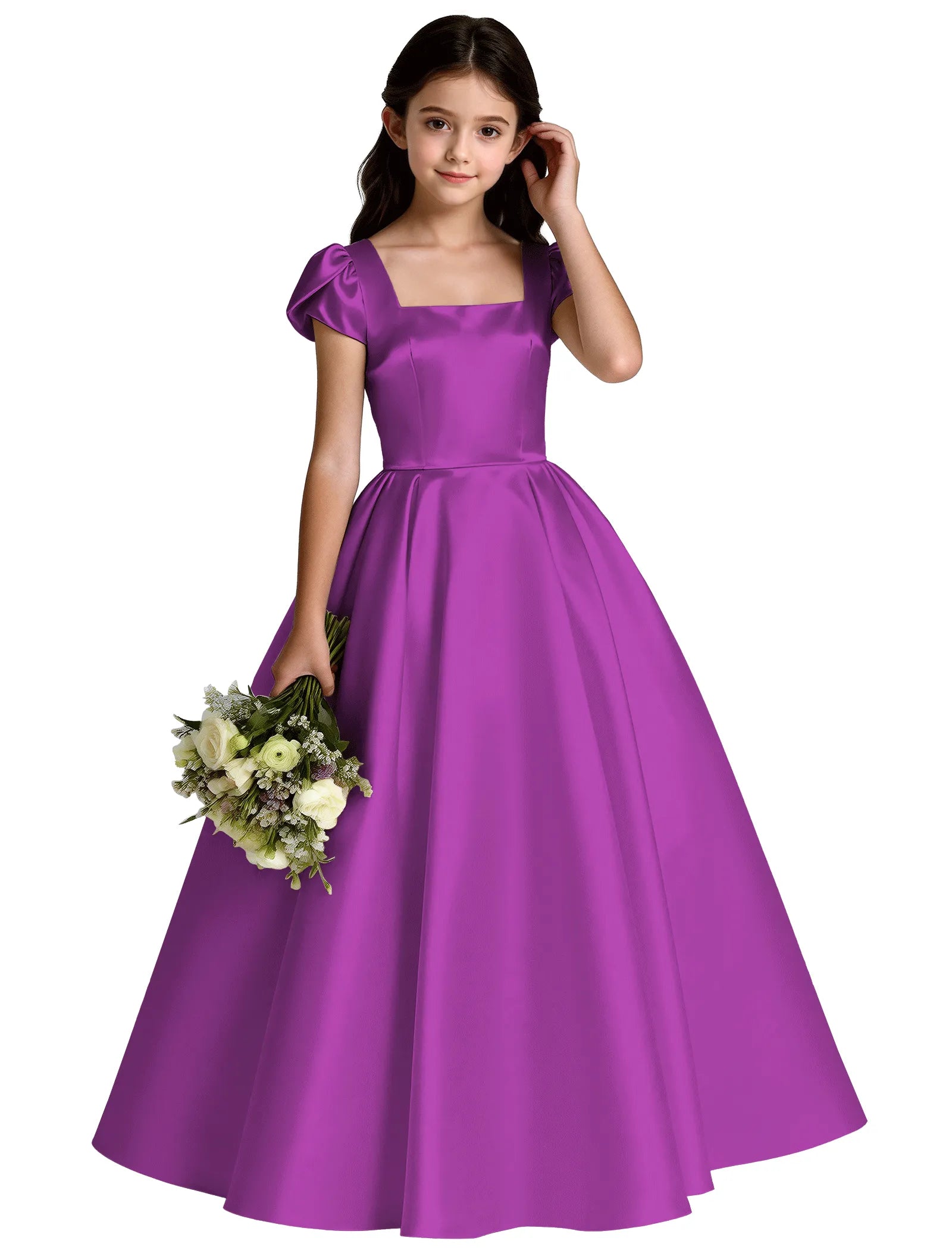 Girls Satin Princess Dress with Puff Sleeves and Bow