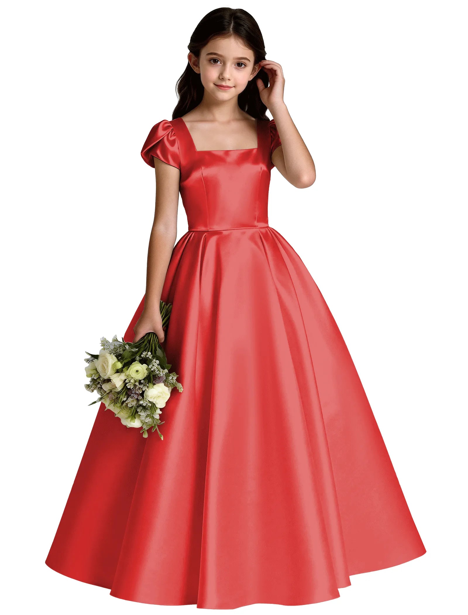 Girls Satin Princess Dress with Puff Sleeves and Bow