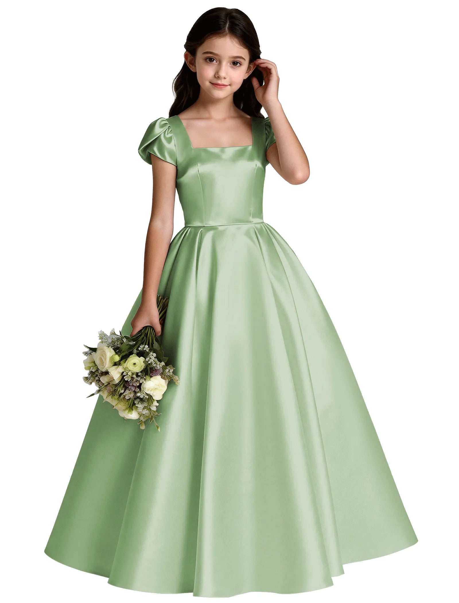 Girls Satin Princess Dress with Puff Sleeves and Bow