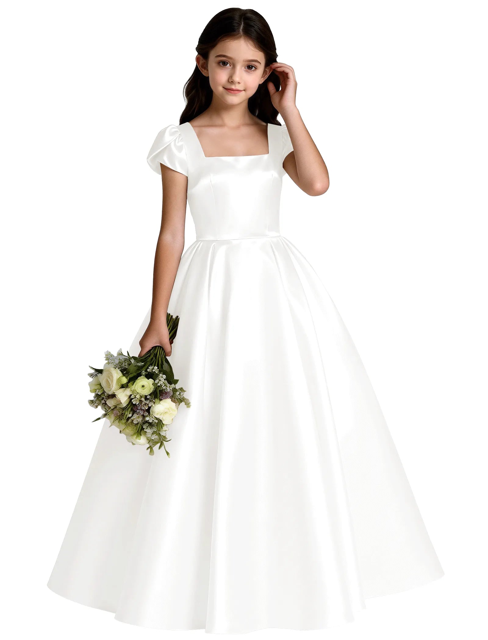 Girls Satin Princess Dress with Puff Sleeves and Bow
