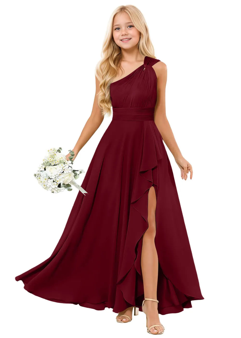 Elegant One-Shoulder Junior Bridesmaid Dress | Flowy Chiffon Formal Gown | Fynony Elegant One-Shoulder Junior Bridesmaid Dress | Flowy Chiffon Formal Gown | Fynony