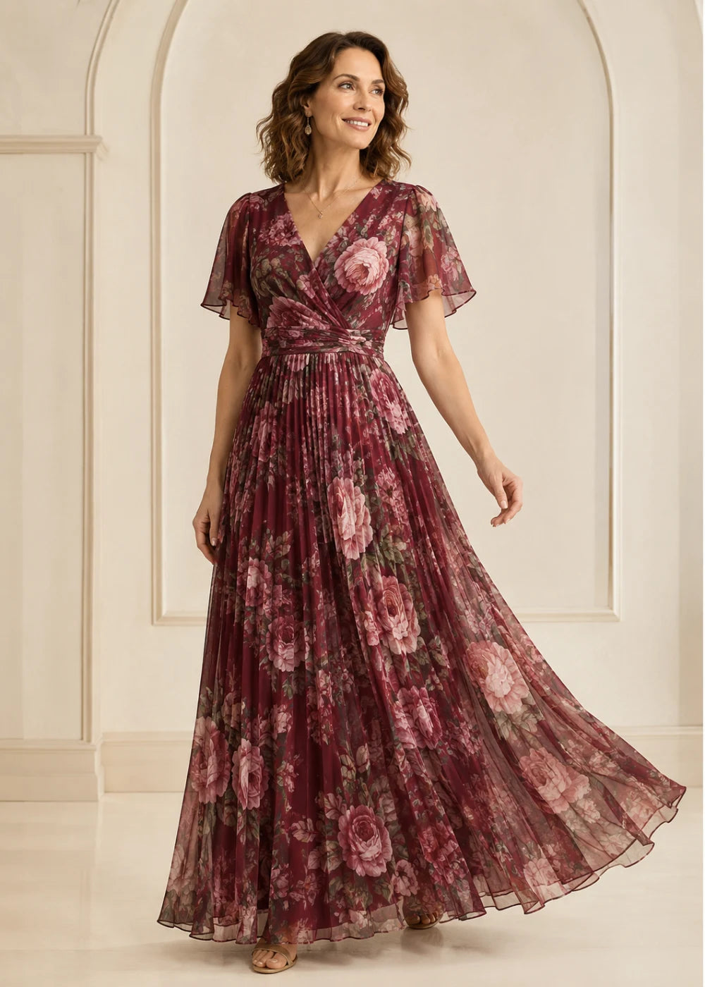 Burgundy Rose Floral Pleated V-Neck Maxi Dress