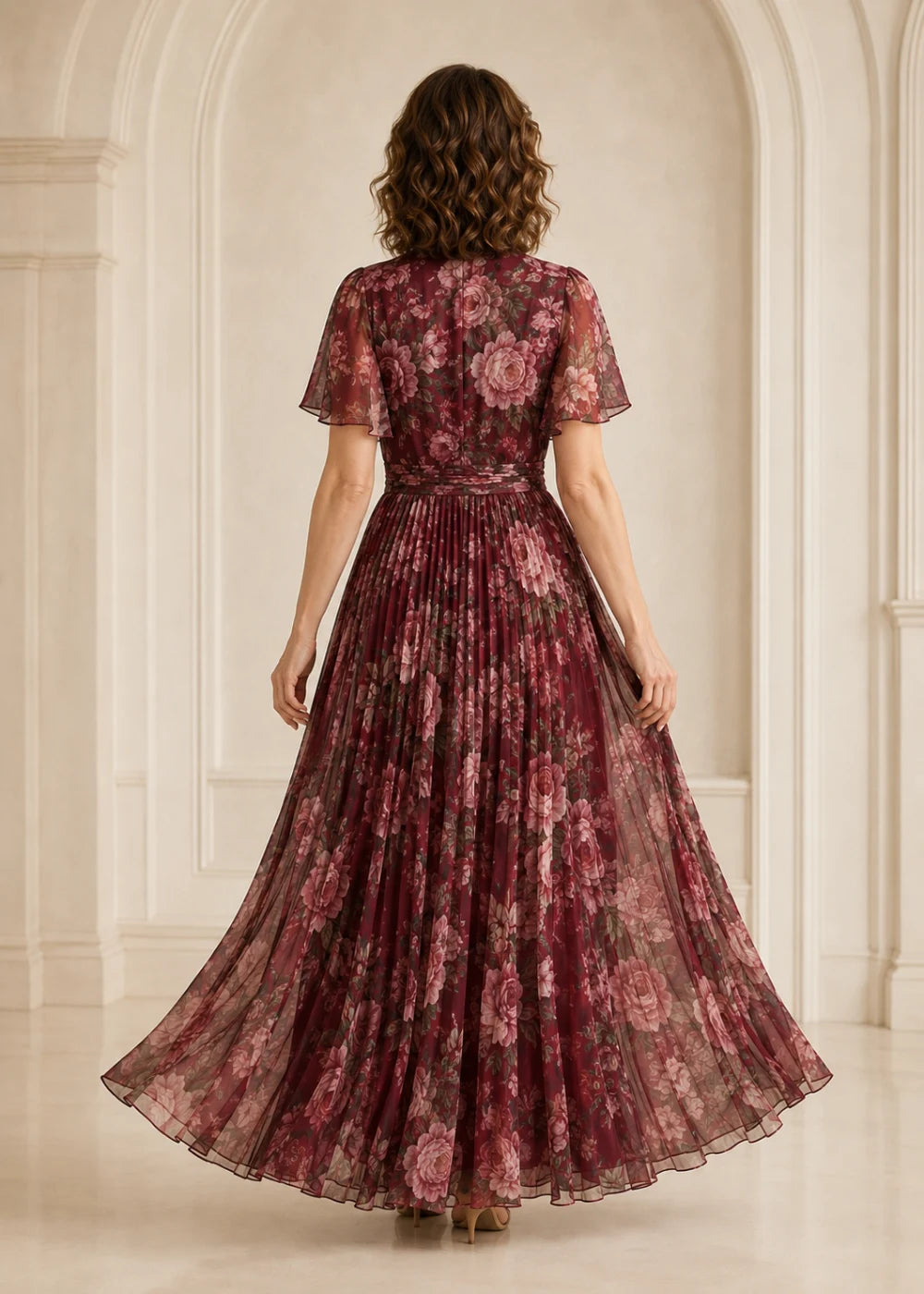 Burgundy Rose Floral Pleated V-Neck Maxi Dress