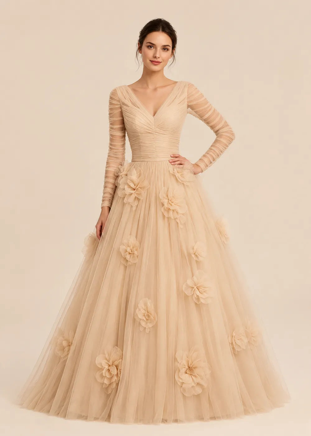 Timeless V Neck Long Sleeve Formal Tulle Dress