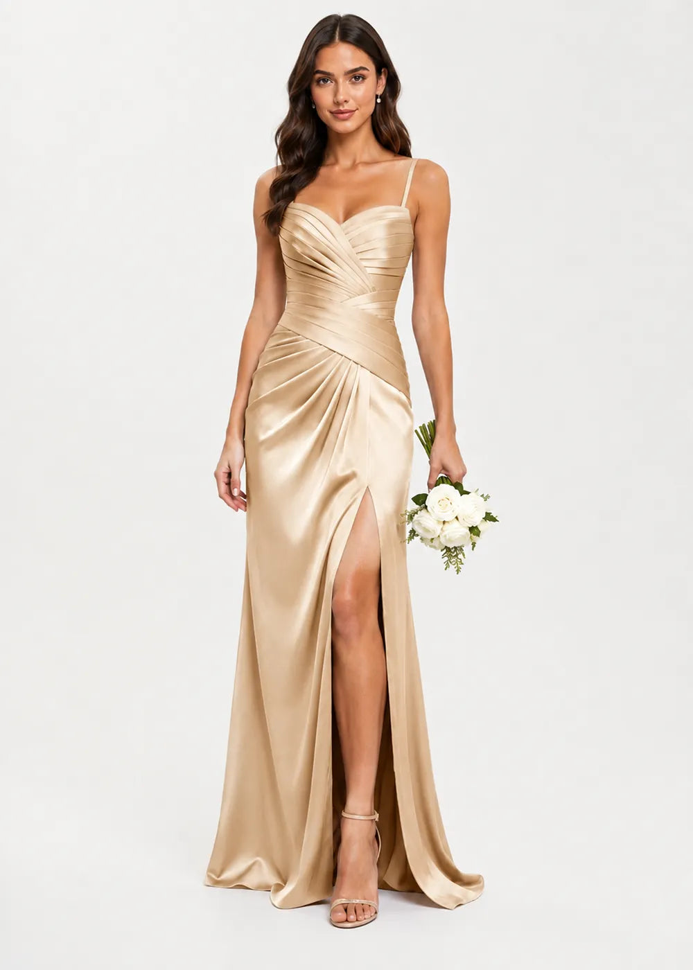 Valencia High-Slit Ruched Satin Evening Dress
