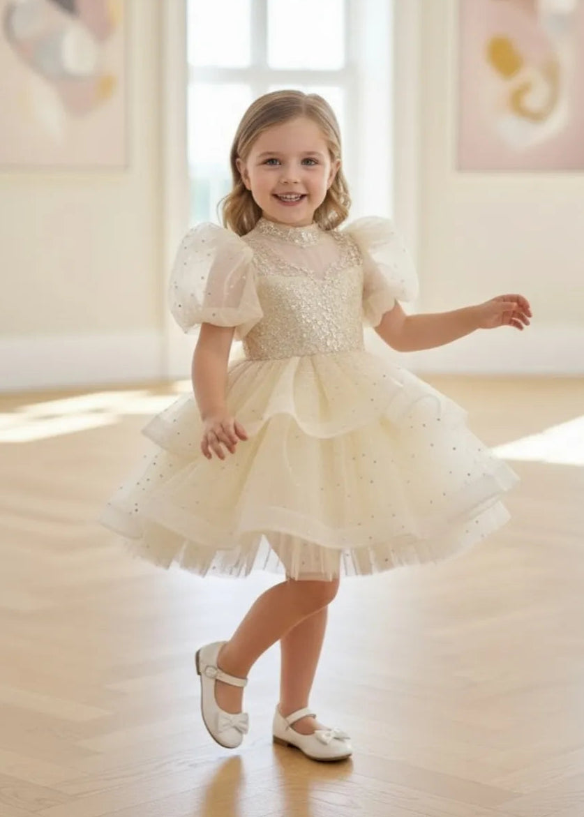 open lace back dress Sparkly Toddler Flower Girl Dress with Puff Sleeves