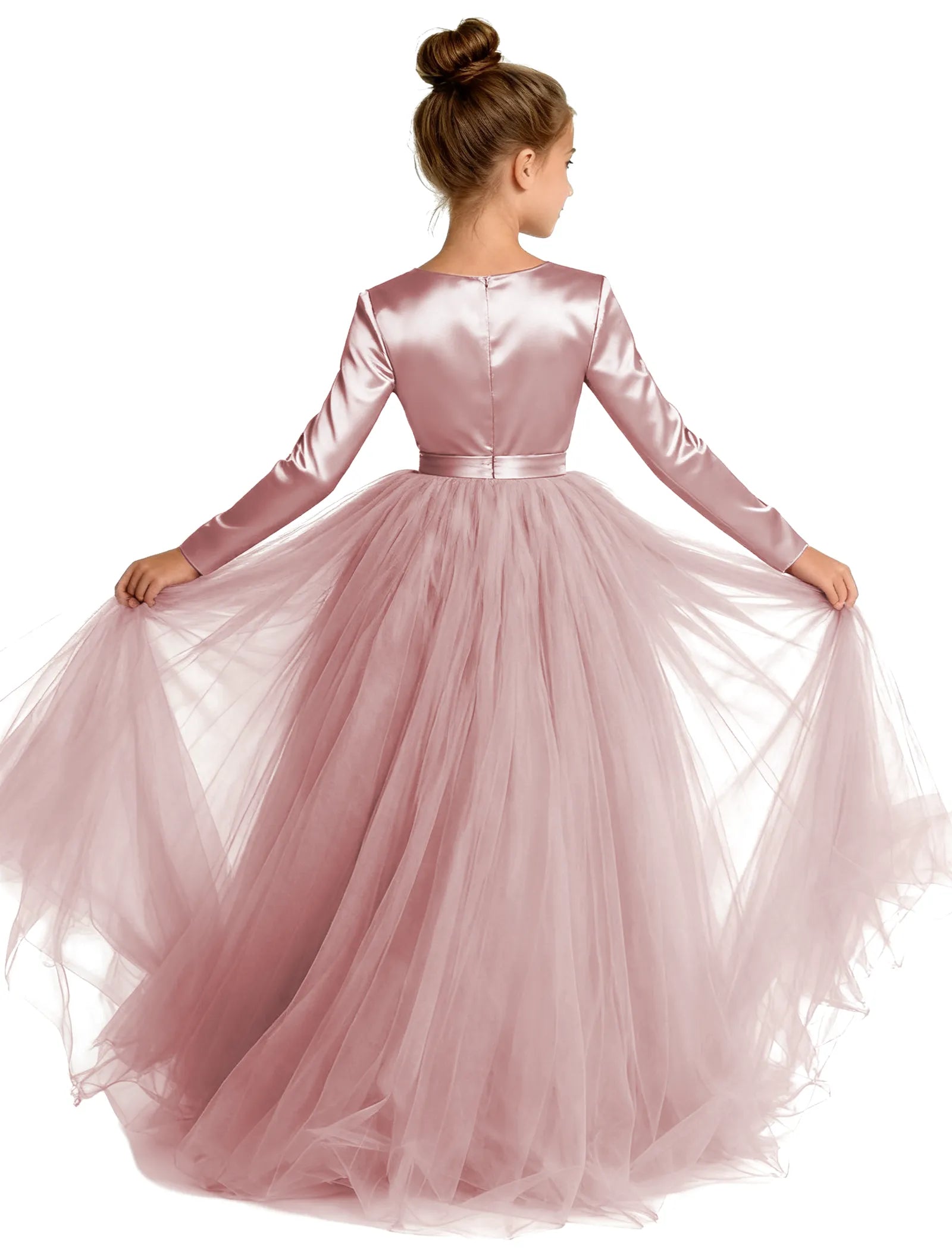 Long Sleeve Satin & Tulle Ball Gown for Girls