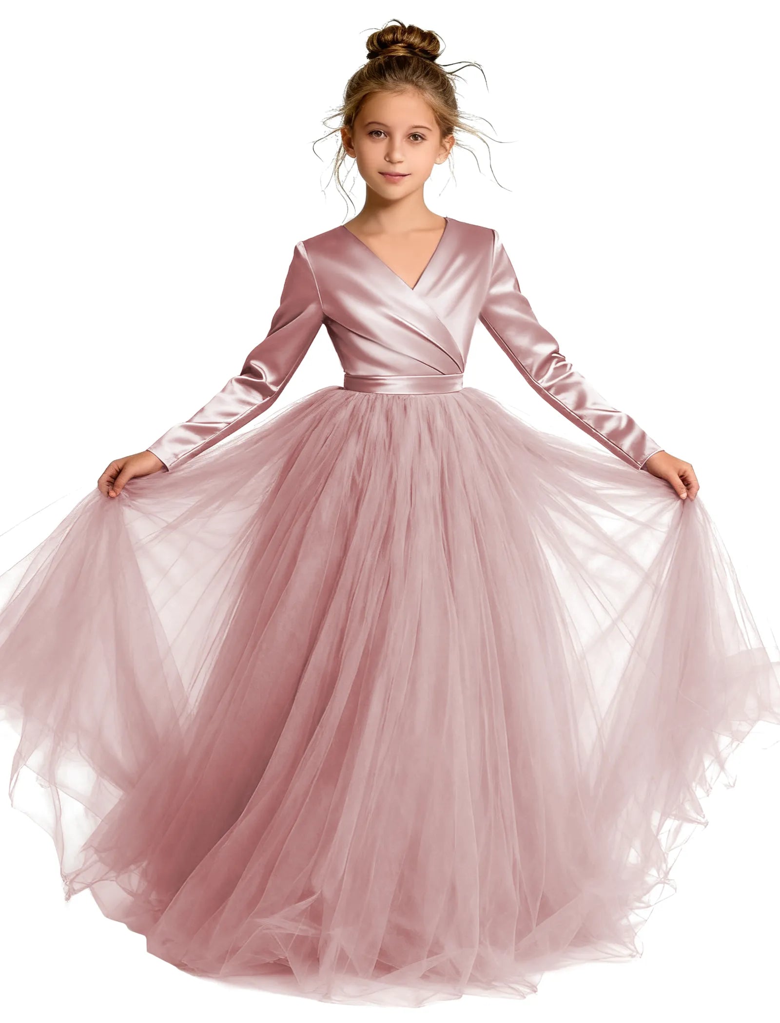 Long Sleeve Satin Tulle Girls Dress – Full-Length Junior Bridesmaid Gown