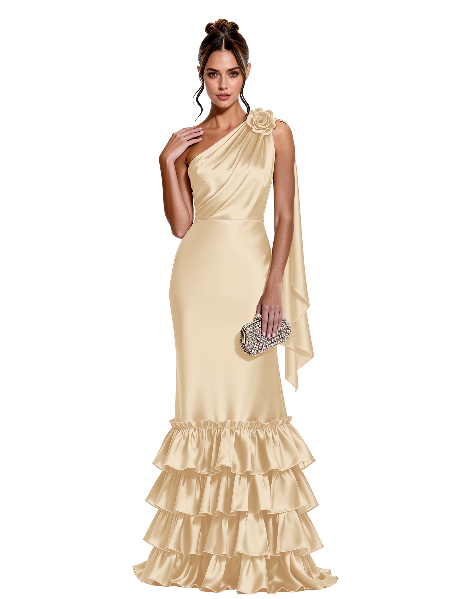 Asymmetric Formal Dress with Floral Accent