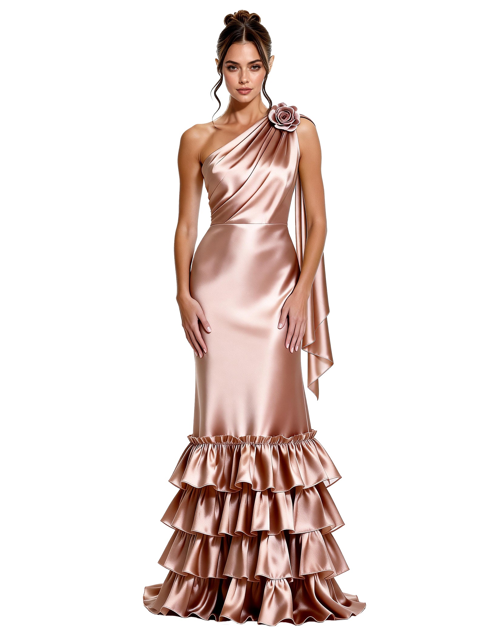 Asymmetric Formal Dress with Floral Accent